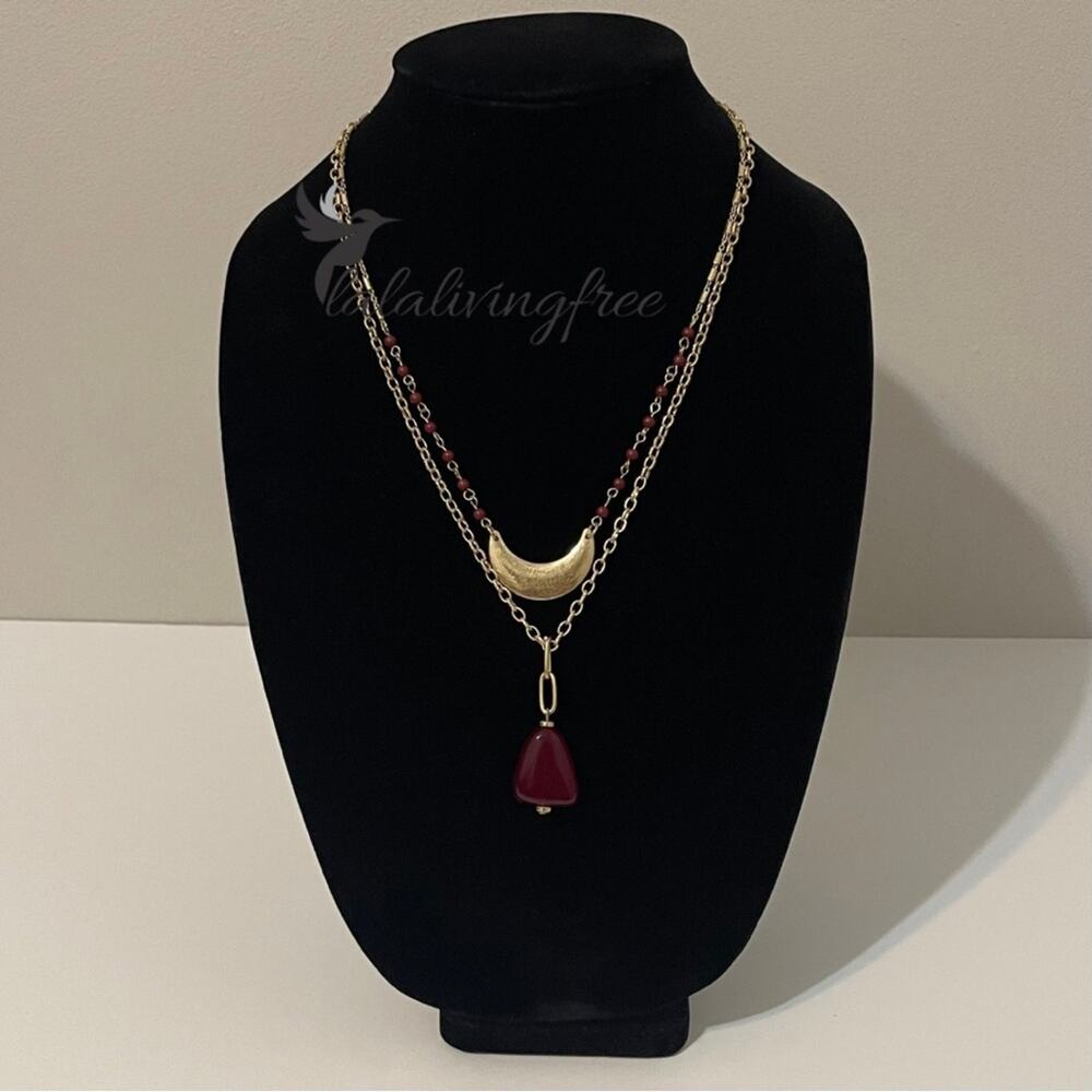 The Sak Crescent Moon Pendant Necklace Gold Tone Burgundy Layered NWT
